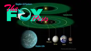 This diagram compares our own solar system to Kepler-22, a star system containing the first habitable zone planet. Kepler-22b is a light teal color and about twice the size of Earth, and it is also in the habitable zone of the solar system.