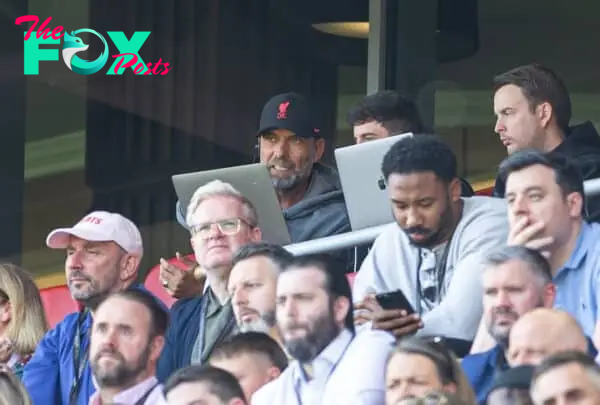 LIVERPOOL, ENGLAND - Saturday, May 20, 2023: Liverpool's manager Jürgen Klopp, watching from the stands as he serves a one-match ban, during the FA Premier League match between Liverpool FC and Aston Villa FC at Anfield. (Pic by David Rawcliffe/Propaganda)