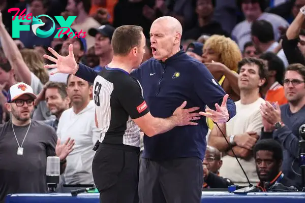 May 8, 2024; New York, New York, USA; Indiana Pacers head coach Rick Carlisle argues with an official in the fourth quarter against the New York Knicks during game two of the second round for the 2024 NBA playoffs at Madison Square Garden. Mandatory Credit: Wendell Cruz-USA TODAY Sports