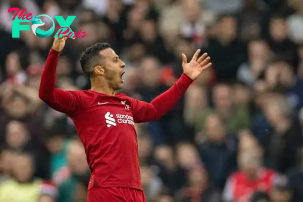 LIVERPOOL, ENGLAND - Sunday, April 9, 2023: Liverpool's Thiago Alcântara celebrates his side's equalising goal during the FA Premier League match between Liverpool FC and Arsenal FC at Anfield. The game ended in a 2-2 draw. (Pic by David Rawcliffe/Propaganda)