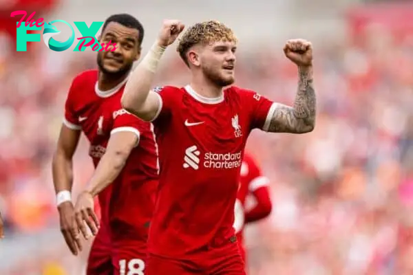 LIVERPOOL, ENGLAND - Sunday, May 5, 2024: Liverpool's Harvey Elliott celebrates after scoring his side's fourth goal during the FA Premier League match between Liverpool FC and Tottenham Hotspur FC at Anfield. Liverpool won 4-2. (Photo by Ryan Brown/Propaganda)