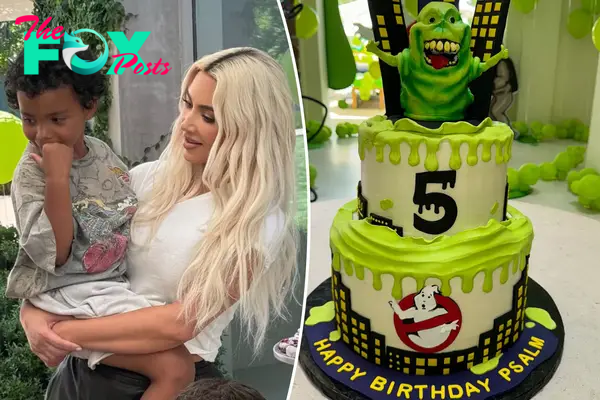 A split photo of Kim Kardashian holding Psalm and Psalm's birthday cake