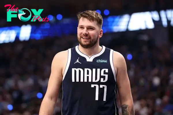 Luka Doncic #77 of the Dallas Mavericks reacts during the first quarter against the Oklahoma City Thunder in Game Three.