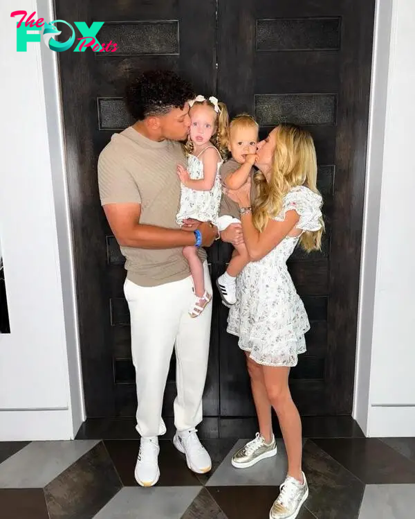 Brittan and Patrick Mahomes with Sterling and Bronze on Mother's Day. 