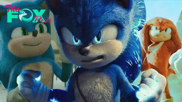 An edited image of Sonic powering up with blue electricity next to Knuckles in Knuckles