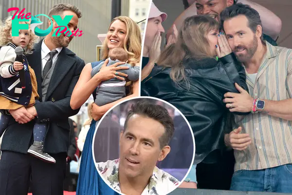 Ryan Reynolds split image with Blake Lively and Taylor Swift.