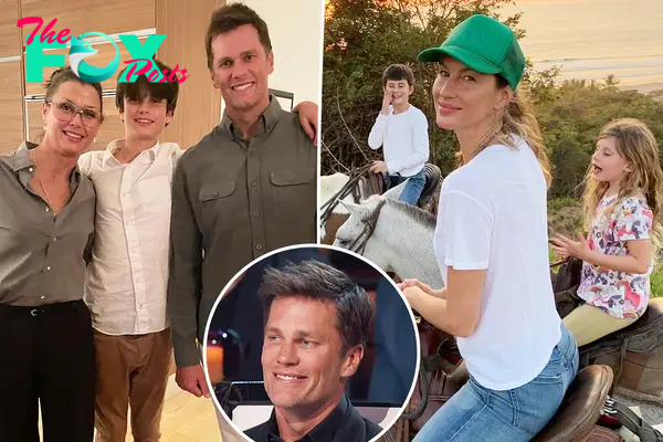 A split photo of Bridget Moynahan and Tom Brady with Jack and Gisele Bundchen riding horses with her kids and a small photo of Tom Brady sitting