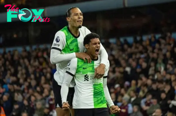 BIRMINGHAM, ENGLAND - Monday, May 13, 2024: Liverpool's Jarell Quansah (R) celebrates with team-mate captain Virgil van Dijk after scoring the third goal during the FA Premier League match between Aston Villa FC and Liverpool FC at Villa Park. (Photo by David Rawcliffe/Propaganda)