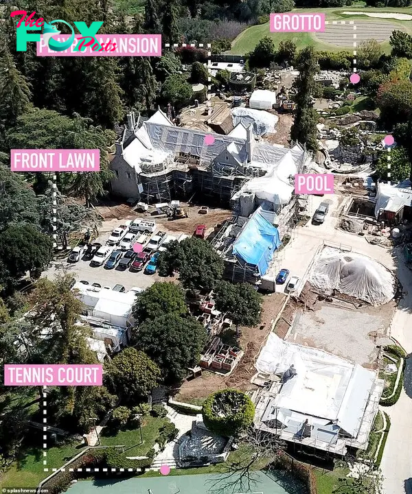 The property (pictured in 2020) features a tennis court, a front law, pool, grotto, in addition to the мansion