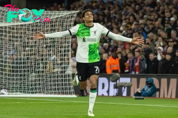 BIRMINGHAM, ENGLAND - Monday, May 13, 2024: Liverpool's Jarell Quansah celebrates after scoring the third goal during the FA Premier League match between Aston Villa FC and Liverpool FC at Villa Park. (Photo by David Rawcliffe/Propaganda)