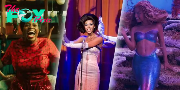 An edited image of Fantasia Barrino in The Color Purple, Beyoncé in Dreamgirls, and Halle Bailey in The Little Mermaid