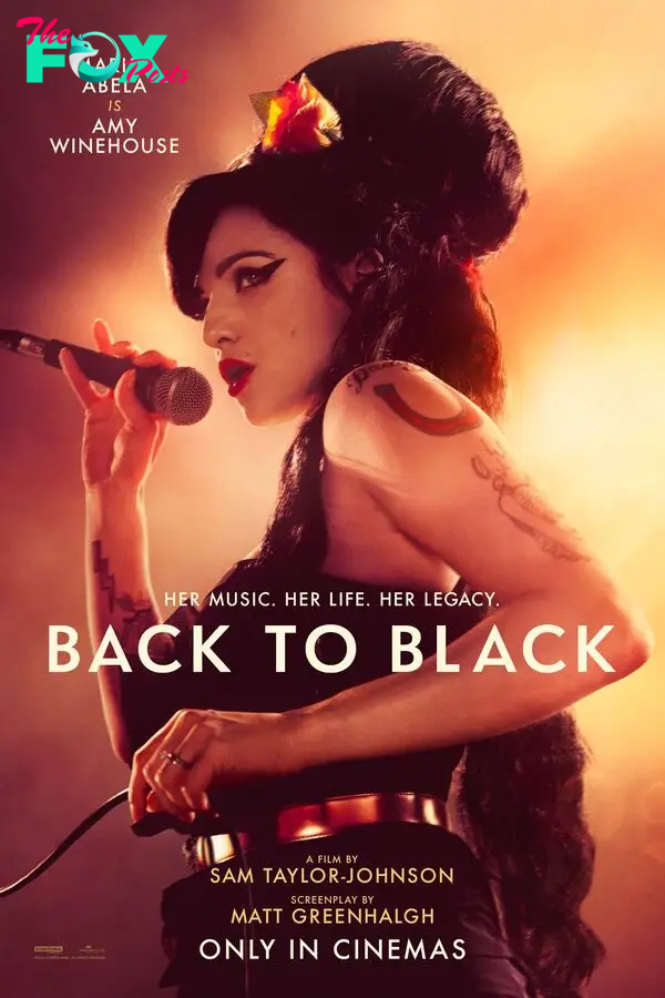 Back to Black Movie Poster showing Marisa Abela as Amy Winehouse Holding a Microphone