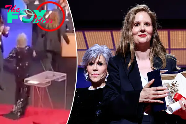 Jane Fonda stands with Justine Triet, split with Fonda throwing an award at Triet