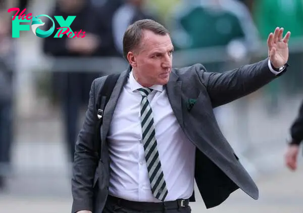 Celtic manager Brendan Rodgers arrives prior to the Cinch Scottish Premiership match between Celtic FC and Heart of Midlothian at Celtic Park Stadi...