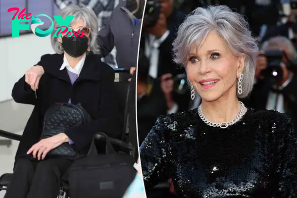 Jane Fonda gets pushed in wheelchair through airport.