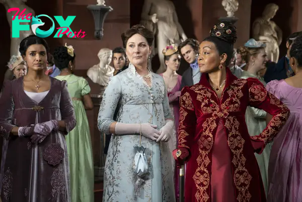 Bridgerton. (L to R) Shelley Conn as Mary Sharma, Ruth Gemmell as Lady Violet Bridgerton, Adjoa Andoh as Lady Danbury in episode 207 of Bridgerton. Cr. Liam Daniel/Netflix © 2022