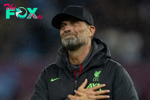 BIRMINGHAM, ENGLAND - Monday, May 13, 2024: Liverpool's manager Jürgen Klopp waves to the travelling supporters after the FA Premier League match between Aston Villa FC and Liverpool FC at Villa Park. (Photo by David Rawcliffe/Propaganda)