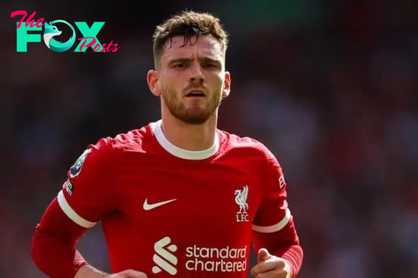 LIVERPOOL, ENGLAND - Saturday, August 19, 2023: Liverpool's Andy Robertson looks on during the FA Premier League match between Liverpool FC and AFC Bournemouth at Anfield. (Pic by David Rawcliffe/Propaganda)