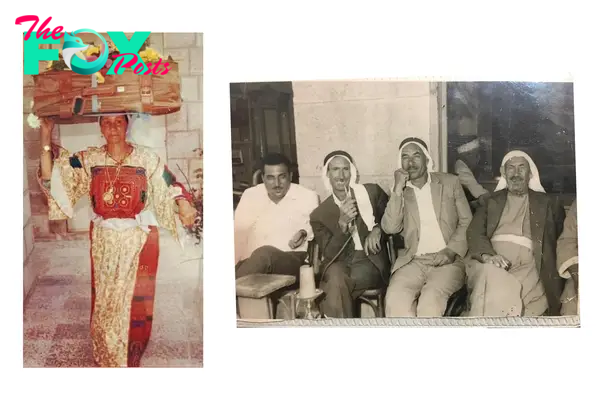 Left: Razan Ghabin’s grandmother, Othmana As’ad, wearing a traditional Liftawi thobe celebrating the wedding of one of her children in Ramallah, Palestine years after the Nakba; Right: Ghabin's great-grandparents and relatives outside a Lifta coffee shop years before the Nakba, where they would eventually be attacked and forcibly removed.