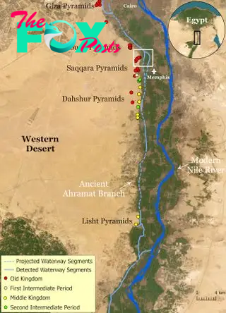 A map of northern Egypt that shows landmarks from the Giza Pyramids at the top to the Lisht Pyramids at the bottom. Vertically through the middle of the map, the modern Nile River cuts through, and to its left, a thinner line depicts projected and detected waterways. The Western Desert lies to the left.