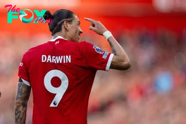 LIVERPOOL, ENGLAND - Sunday, October 29, 2023: Liverpool's Darwin Núñez celebrates after scoring the second goal during the FA Premier League match between Liverpool FC and Nottingham Forest FC at Anfield. (Photo by David Rawcliffe/Propaganda)