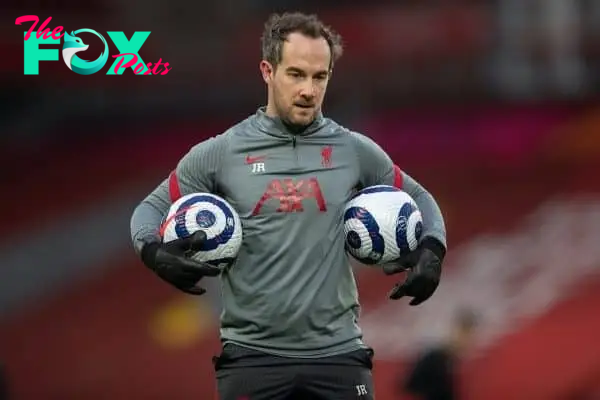 LIVERPOOL, ENGLAND - Saturday, February 20, 2021: Liverpool's goalkeeping coach Jack Robinson during the pre-match warm-up before the FA Premier League match between Liverpool FC and Everton FC, the 238th Merseyside Derby, at Anfield. Everton won 2-0, the club’s first win at Anfield since 1999. (Pic by David Rawcliffe/Propaganda)