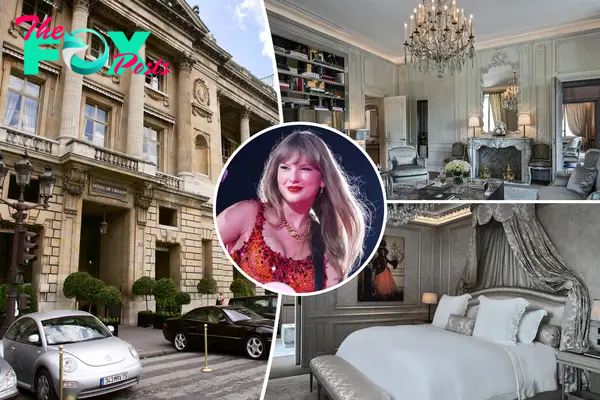 Taylor Swift inset with Hôtel De Crillon interiors and exterior.