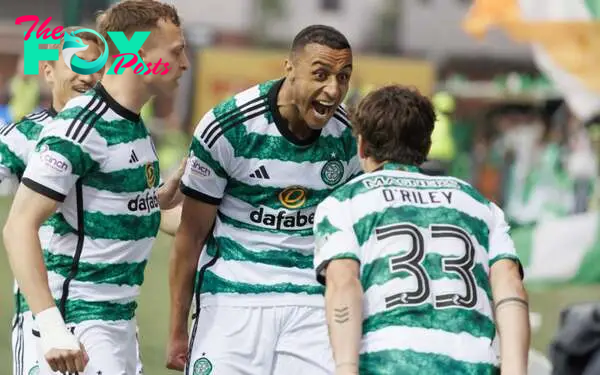 Adam Idah of Celtic celebrates the opening goal during the Cinch Scottish Premiership match between Kilmarnock FC and Celtic FC at Rugby Park on Ma...