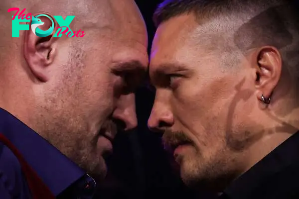 (FILES) Britain's Tyson Fury (L) and Ukraine's Oleksandr Usyk (R) challenge each other during a press conference in London on November 16, 2023, ahead of their undisputed heavyweight world championship contest scheduled to take place in Riyadh, Saudi Arabia. While the rest of the boxing world is drooling in anticipation of a genuine heavyweight world title fight that will unify the division for the first time in over 20 years, Tyson Fury insists the May 18, 2024, match-up with Oleksandr Usyk in Riyadh is all about the money. (Photo by Daniel LEAL / AFP)