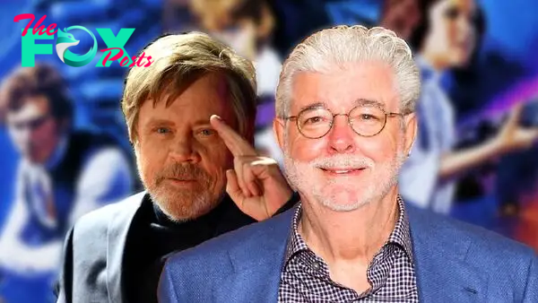 Mark Hamill Saluting George Lucas with Star Wars background