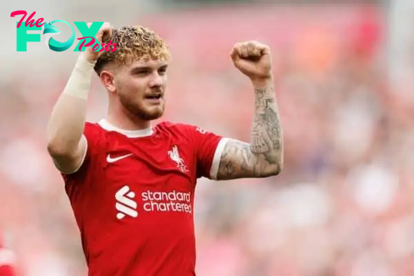 LIVERPOOL, ENGLAND - Sunday, May 5, 2024: Harvey Elliott of Liverpool celebrates 4-0 during the FA Premier League match between Liverpool FC and Tottenham Hotspur FC at Anfield. (Photo by Ryan Brown/Propaganda)