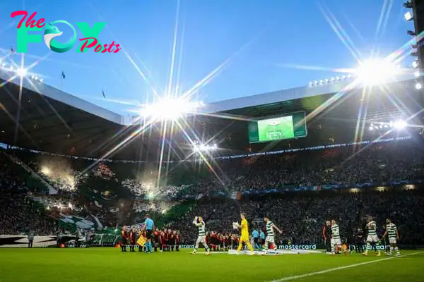 A general view as both teams walks out at Celtic Park, the home stadium of Celtic during the UEFA Champions League group F match between Celtic FC ...