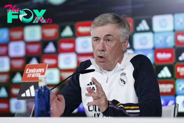 MADRID, 13/05/2024.- El entrenador del Real Madrid, Carlo Ancelotti, ofrece una rueda de prensa tras el entrenamiento del equipo, este lunes, en Madrid, previo a su encuentro liguero contra el Alavés. EFE/ Rodrigo Jiménez