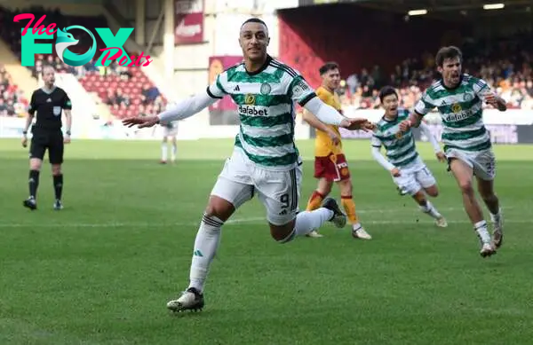 Adan Idah of Celtic celebrates after he scores his team's second goal during the Cinch Scottish Premiership match between Motherwell FC and Celtic ...