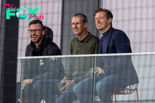 LIVERPOOL, ENGLAND - Wednesday, May 25, 2022: Liverpool's Director of Football Michael Edwards (R), Chief Scout Barry Hunter (M) and Sporting Director Julian Ward (L) during a training session at the AXA Training Centre ahead of the UEFA Champions League Final game between Liverpool FC and Real Madrid CF. (Pic by David Rawcliffe/Propaganda)