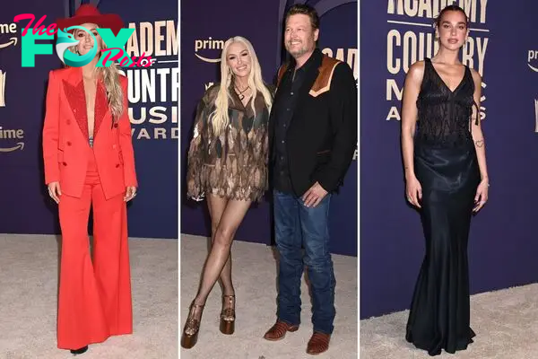 Lainey Wilson, Gwen Stefani, Blake Shelton and Dua Lipa on the ACM Awards 2024 red carpet.