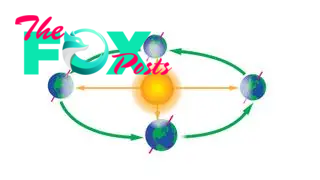 Illustration showing how seasons work. Here we have the sun in the center and then at the top, right, bottom, and left their is an image of the Earth to show which part of it is directly affected by sunlight.