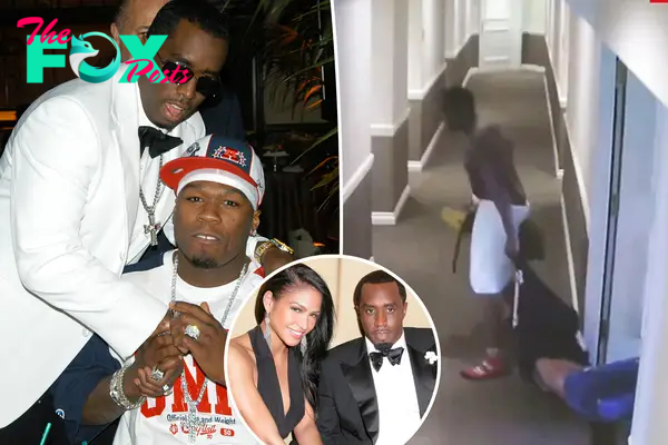 50 Cent split image with Sean 'Diddy' Combs and Cassie.