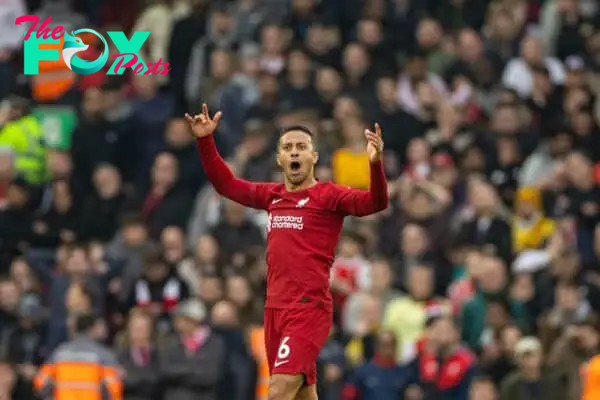 LIVERPOOL, ENGLAND - Sunday, April 9, 2023: Liverpool's Thiago Alcântara celebrates his side's equalising goal during the FA Premier League match between Liverpool FC and Arsenal FC at Anfield. (Pic by David Rawcliffe/Propaganda)