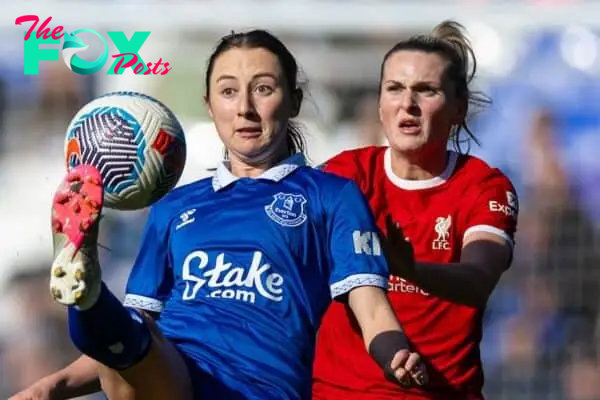 LIVERPOOL, ENGLAND - Sunday, March 24, 2024: Everton's Clare Wheeler (L) is challenged by Liverpool's Melissa Lawley during the FA Women’s Super League game between Everton FC Women and Liverpool FC Women at Goodison Park. (Photo by David Rawcliffe/Propaganda)