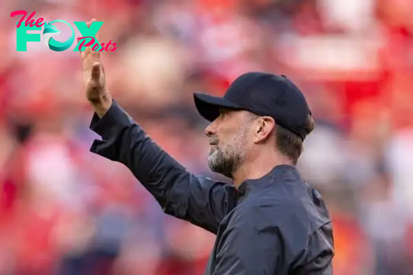 LIVERPOOL, ENGLAND - Sunday, May 5, 2024: Liverpool's manager Jürgen Klopp waves to supporters after the FA Premier League match between Liverpool FC and Tottenham Hotspur FC at Anfield. Liverpool won 4-2. (Photo by Ryan Brown/Propaganda)