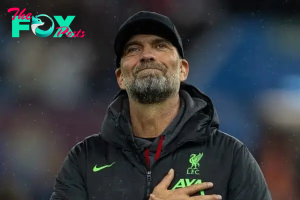 BIRMINGHAM, ENGLAND - Monday, May 13, 2024: Liverpool's manager Jürgen Klopp waves to the travelling supporters after the FA Premier League match between Aston Villa FC and Liverpool FC at Villa Park. (Photo by David Rawcliffe/Propaganda)