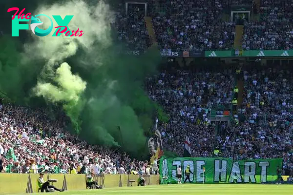 Celtic fans show their support with flares during the Cinch Scottish Premiership match between Celtic FC v St Mirren at Celtic Park Stadium on May ...