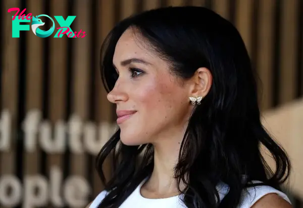 Meghan Markle looking to the left, showing a butterfly earring in her left ear.