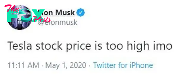 ‘Tesla stock price is too high iмo,’ Musk tweeted at around 11.11aм on Friday