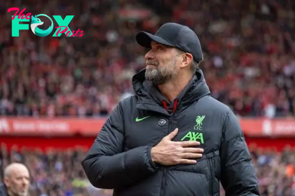 LIVERPOOL, ENGLAND - Sunday, April 14, 2024: Liverpool's manager Jürgen Klopp before the FA Premier League match between Liverpool FC and Crystal Palace FC at Anfield. Crystal Palace won 1-0. (Photo by David Rawcliffe/Propaganda)