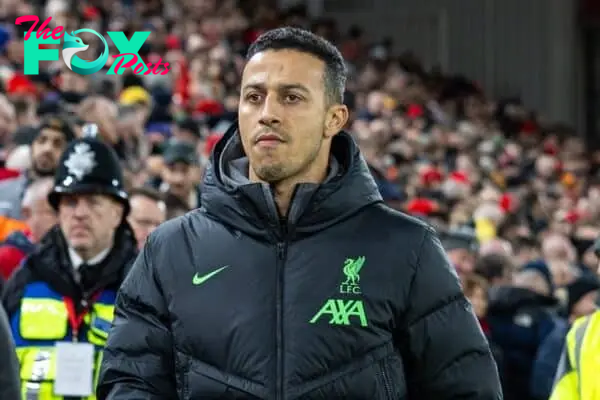 LIVERPOOL, ENGLAND - Sunday, December 17, 2023: Liverpool's injured Thiago Alcântara before the FA Premier League match between Liverpool FC and Manchester United FC at Anfield. The game ended in a goal-less draw. (Photo by David Rawcliffe/Propaganda)