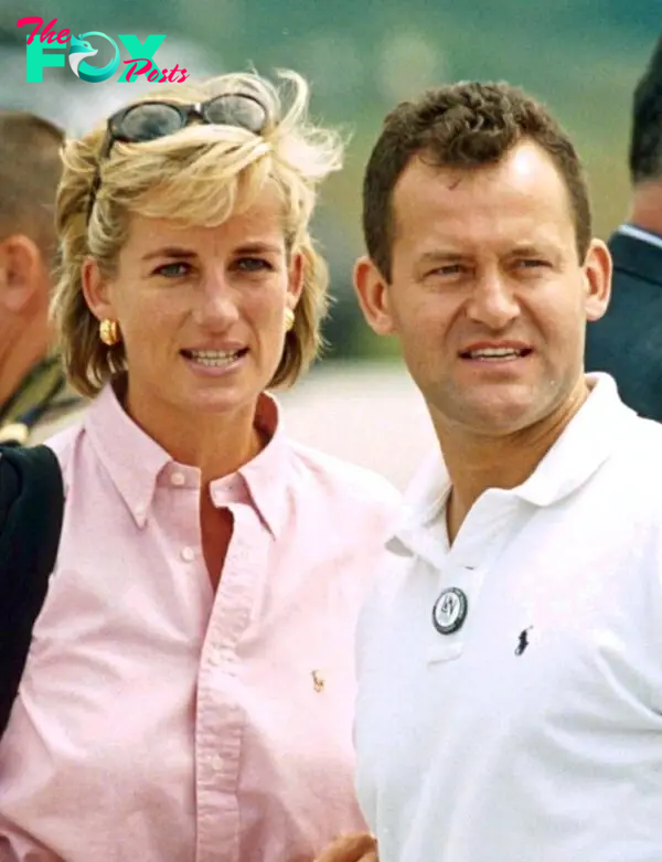 Princess Diana in a pink button-down shirt and her butler Paul Burrell in a white polo 