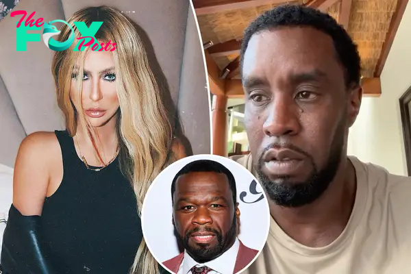 50 Cent, Aubrey O’Day and Sean ‘Diddy’ Combs split image.