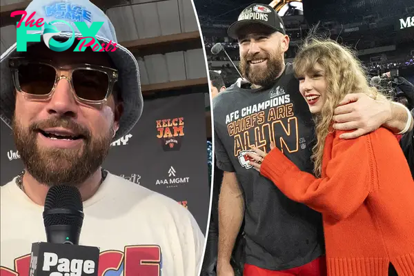 Travis Kelce split image with Taylor Swift